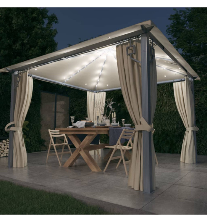 Tonnelle avec rideau et lumières LED 3x3 m Crème Aluminium | Mobilier & Déco