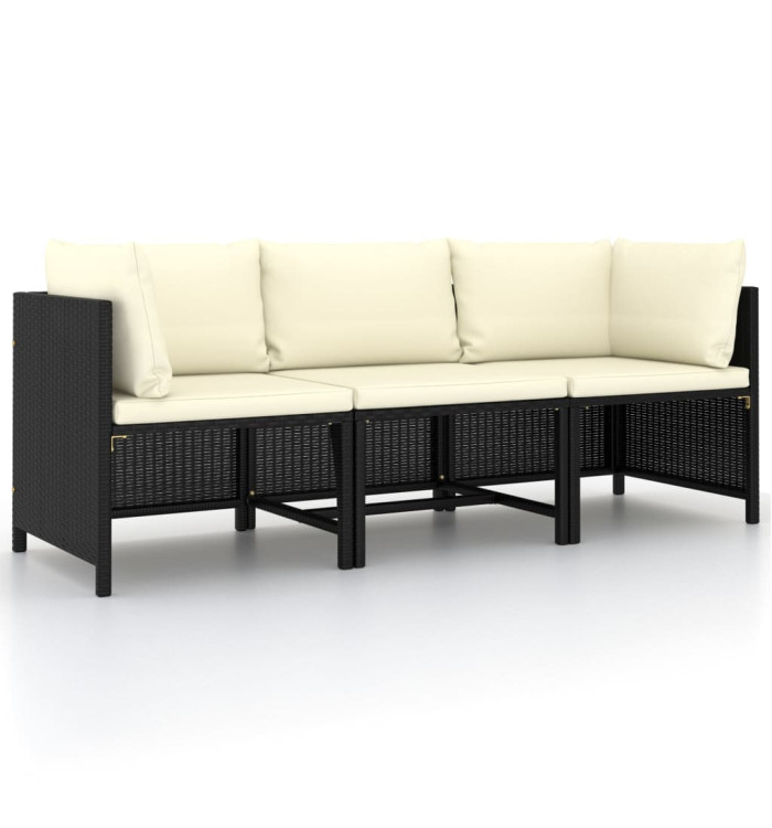 Canapé de jardin à 3 places avec coussins Noir Résine tressée | Mobilier & Déco