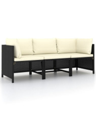 Canapé de jardin à 3 places avec coussins Noir Résine tressée | Mobilier & Déco