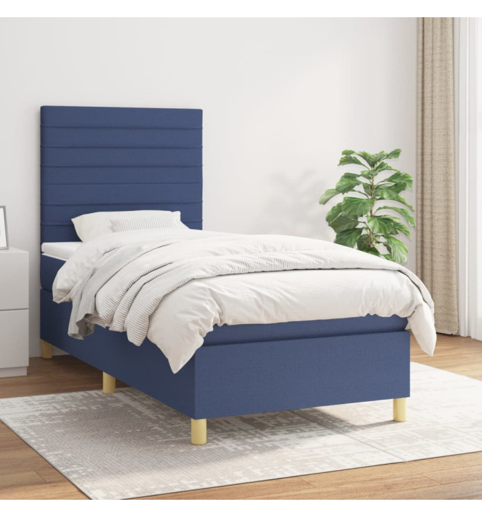Sommier à lattes de lit avec matelas Bleu 100x200 cm Tissu | Mobilier & Déco
