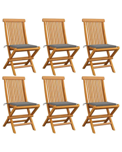 Chaises de jardin et coussins gris lot de 6 Bois de teck massif | Mobilier & Déco