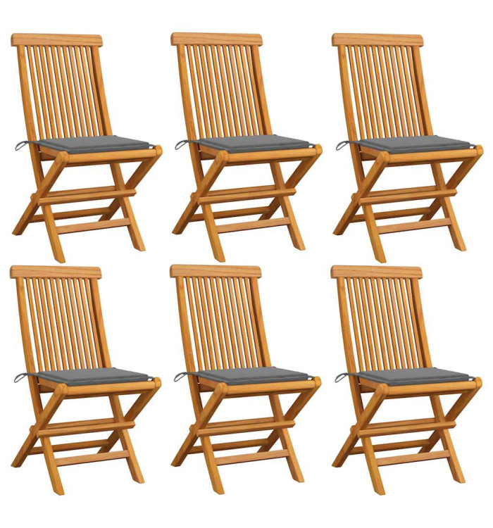 Chaises de jardin et coussins gris lot de 6 Bois de teck massif | Mobilier & Déco