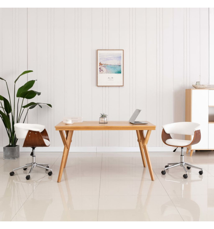 Chaise pivotante de bureau Blanc Bois courbé et similicuir | Mobilier & Déco