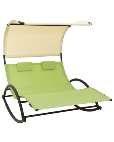 Chaise longue double avec auvent textilène vert et crème | Mobilier & Déco