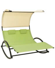 Chaise longue double avec auvent textilène vert et crème | Mobilier & Déco