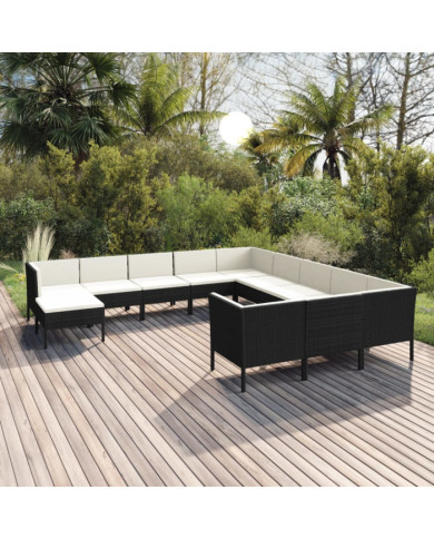 Salon de jardin 12 pcs avec coussins résine tressée noir | Mobilier & Déco
