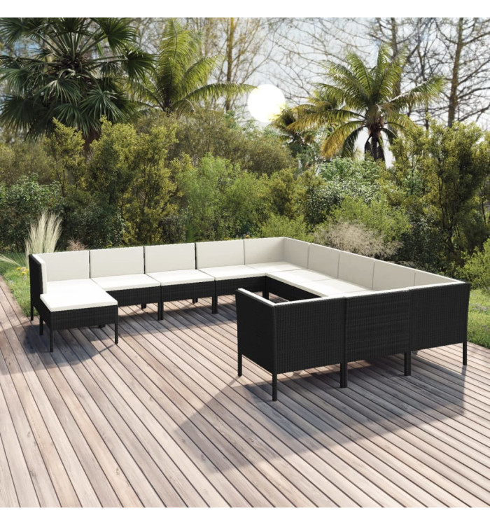 Salon de jardin 12 pcs avec coussins résine tressée noir | Mobilier & Déco