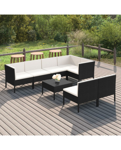 Salon de jardin 8 pcs avec coussins résine tressée noir | Mobilier & Déco