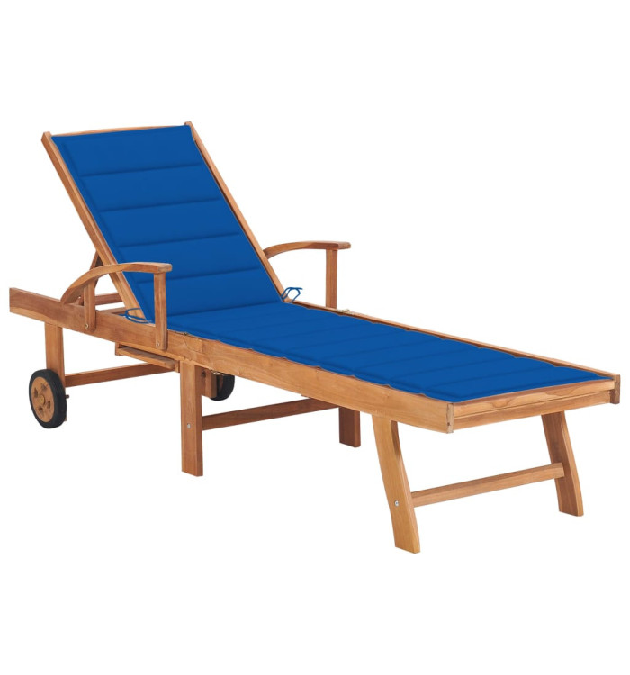 Chaise longue avec coussin bleu royal Bois de teck solide | Mobilier & Déco