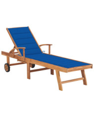 Chaise longue avec coussin bleu royal Bois de teck solide | Mobilier & Déco