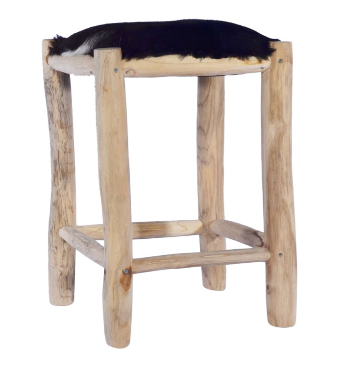 Tabouret de bar Cuir de chèvre véritable et bois de teck massif | Mobilier & Déco