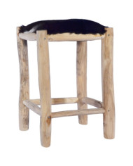 Tabouret de bar Cuir de chèvre véritable et bois de teck massif | Mobilier & Déco