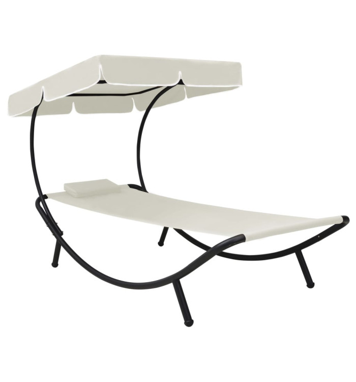 Chaise longue de jardin avec auvent et oreiller Blanc crème | Mobilier & Déco
