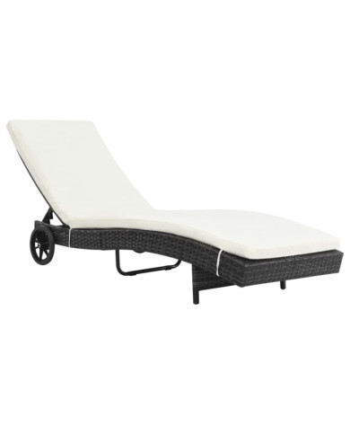 Chaise longue avec roues et coussin Résine tressée Noir | Mobilier & Déco