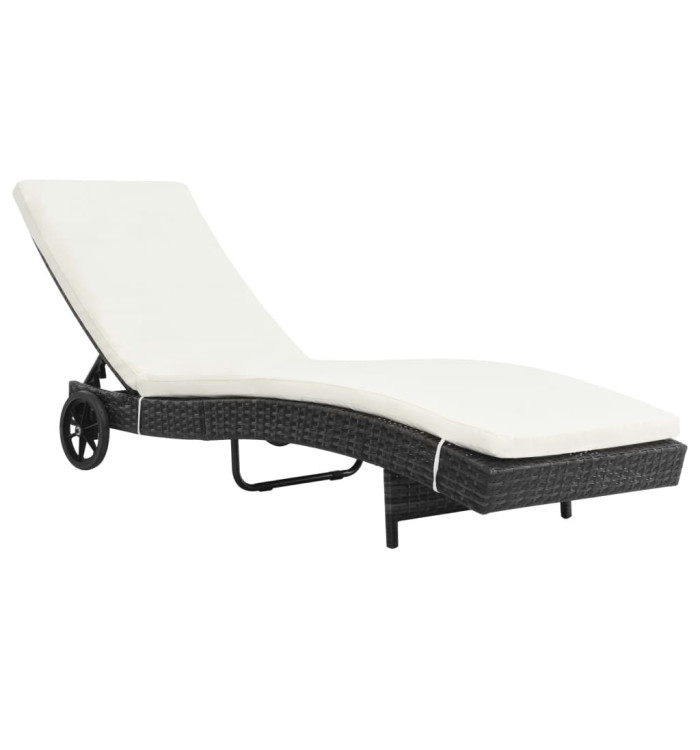 Chaise longue avec roues et coussin Résine tressée Noir | Mobilier & Déco