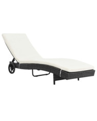 Chaise longue avec roues et coussin Résine tressée Noir | Mobilier & Déco
