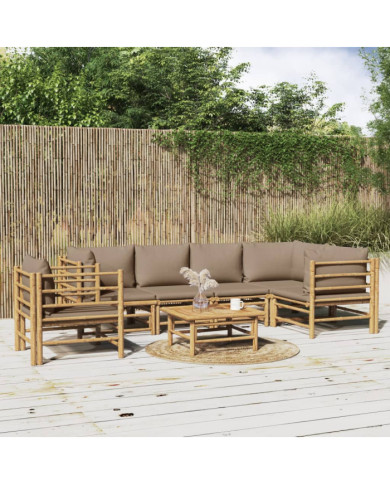 Salon de jardin 7 pcs avec coussins taupe bambou | Mobilier & Déco