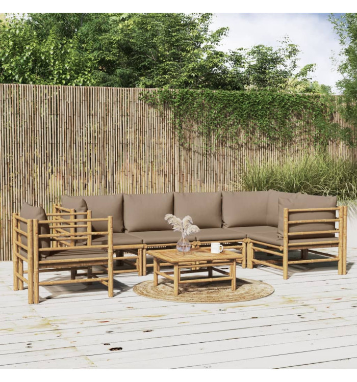 Salon de jardin 7 pcs avec coussins taupe bambou | Mobilier & Déco