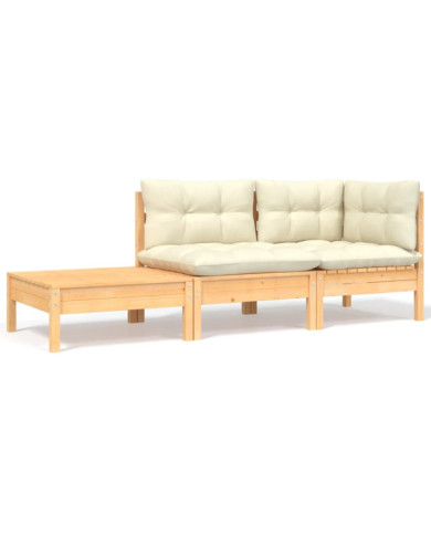 Salon de jardin 3 pcs avec coussins crème Bois de pin massif | Mobilier & Déco