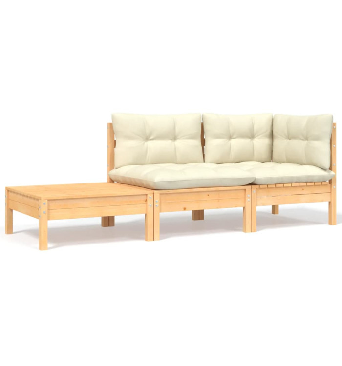 Salon de jardin 3 pcs avec coussins crème Bois de pin massif | Mobilier & Déco