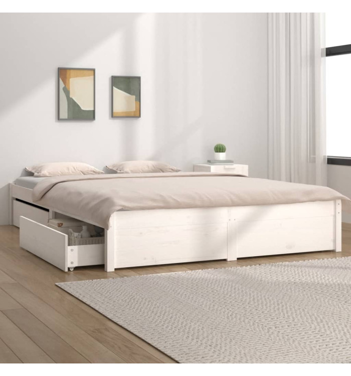 Cadre de lit sans matelas avec tiroirs blanc 200x200 cm | Mobilier & Déco