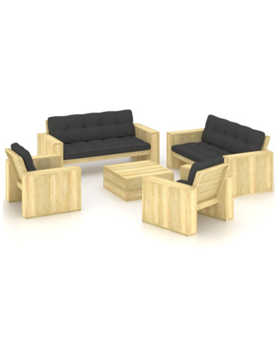 Salon de jardin 5 pcs avec coussins bois de pin imprégné | Mobilier & Déco