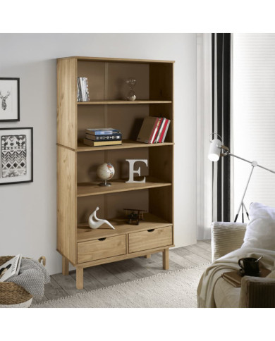 Bibliothèque OTTA avec 2 tiroirs Marron Bois massif pin | Mobilier & Déco