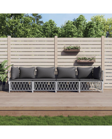 Salon de jardin 4 pcs avec coussins blanc acier | Mobilier & Déco