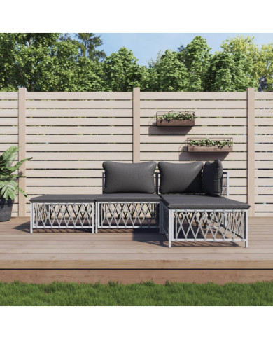 Salon de jardin 4 pcs avec coussins blanc acier | Mobilier & Déco