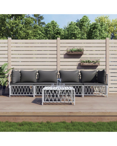 Salon de jardin avec coussins 5 pcs blanc acier | Mobilier & Déco