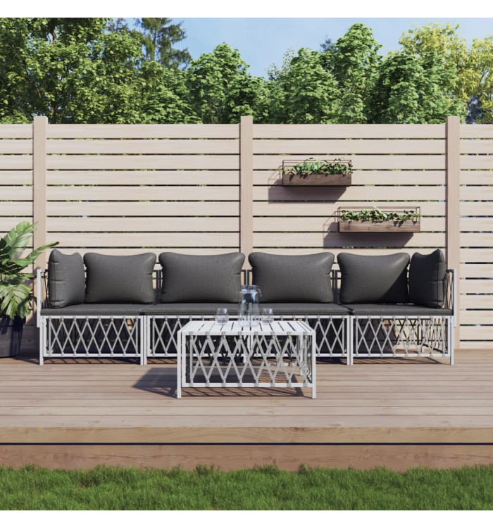Salon de jardin avec coussins 5 pcs blanc acier | Mobilier & Déco