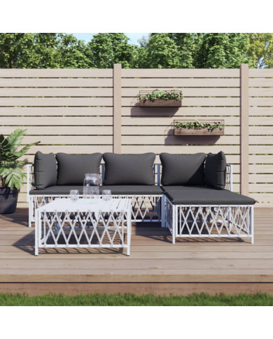Salon de jardin avec coussins 5 pcs blanc acier | Mobilier & Déco
