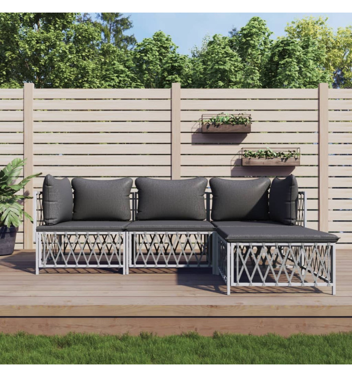 Salon de jardin 4 pcs avec coussins blanc acier | Mobilier & Déco