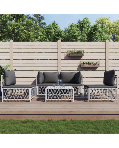 Salon de jardin avec coussins 5 pcs blanc acier | Mobilier & Déco