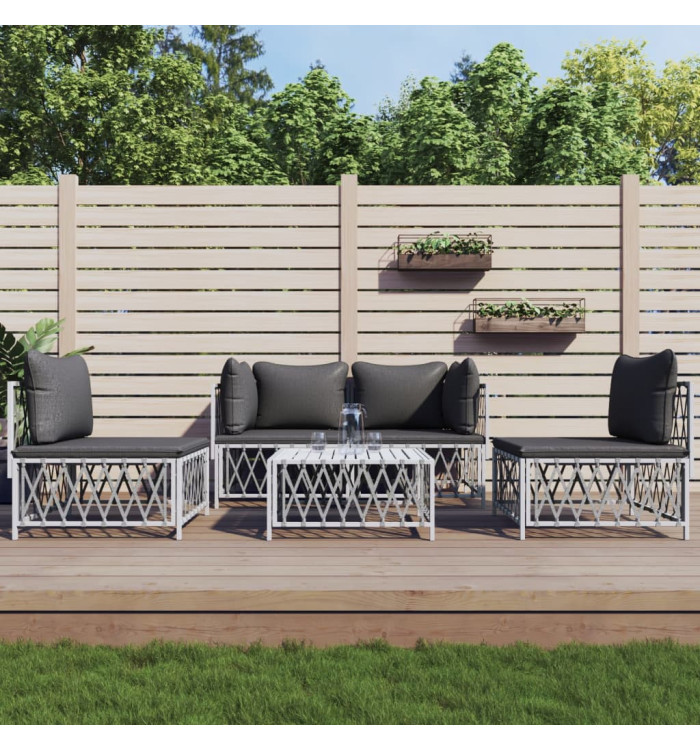 Salon de jardin avec coussins 5 pcs blanc acier | Mobilier & Déco