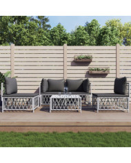Salon de jardin avec coussins 5 pcs blanc acier | Mobilier & Déco