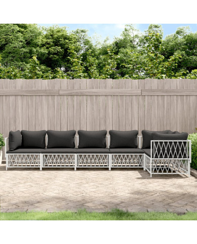 Salon de jardin avec coussins 6 pcs blanc acier | Mobilier & Déco