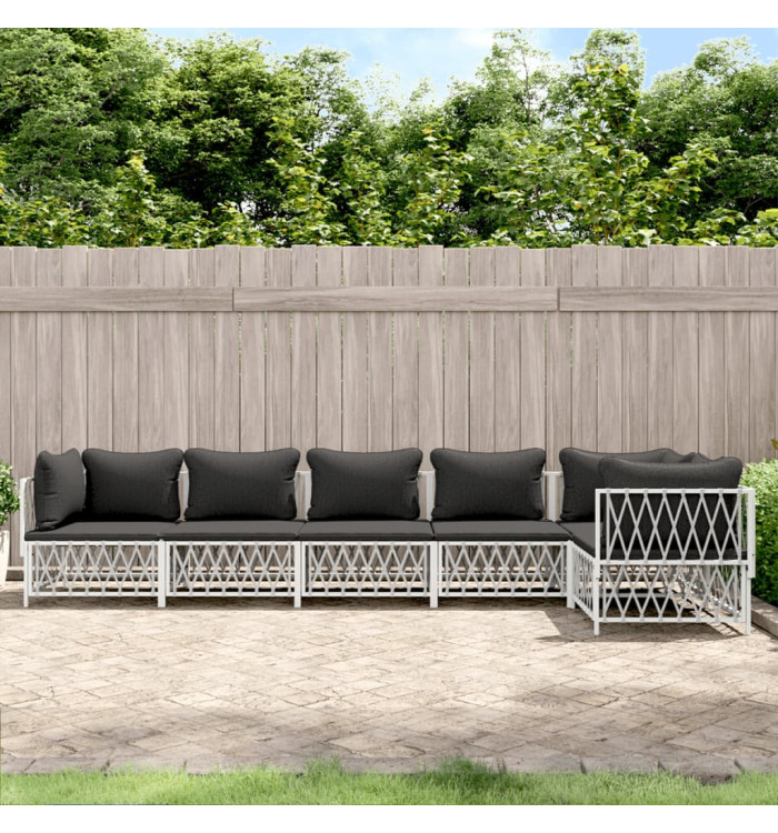 Salon de jardin avec coussins 6 pcs blanc acier | Mobilier & Déco