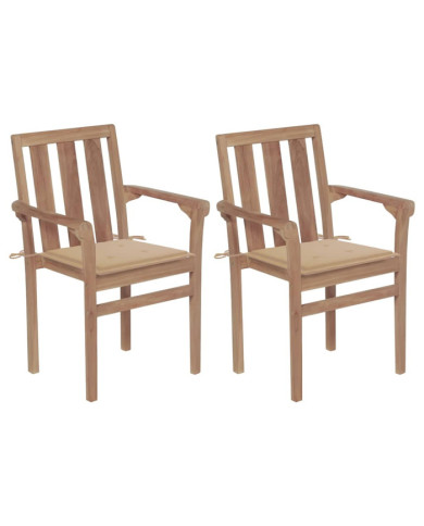 Chaises de jardin lot de 2 et coussins beige Bois teck massif | Mobilier & Déco