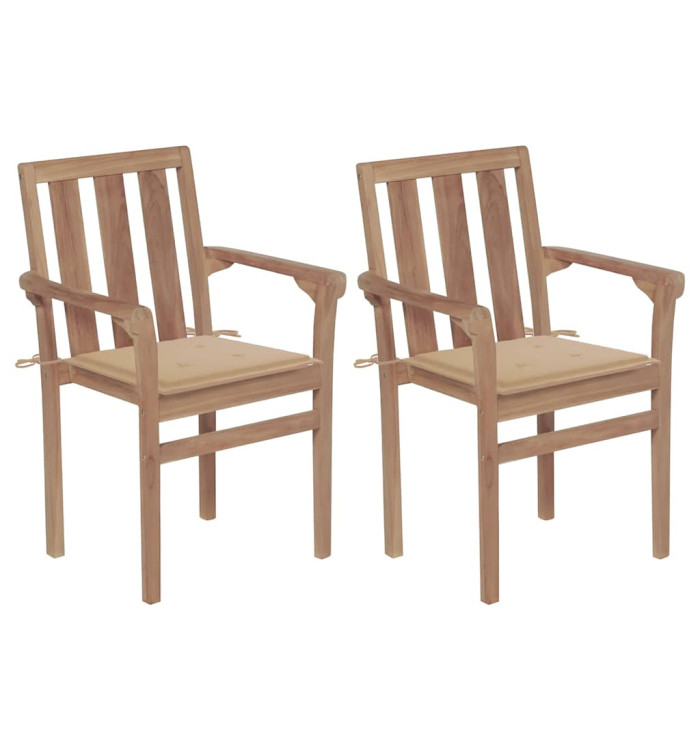 Chaises de jardin lot de 2 et coussins beige Bois teck massif | Mobilier & Déco
