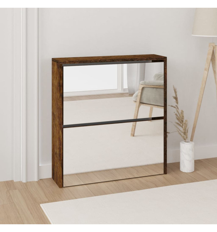 Armoire à chaussures miroir à 2 niveaux Chêne fumé 63x17x67 cm | Mobilier & Déco