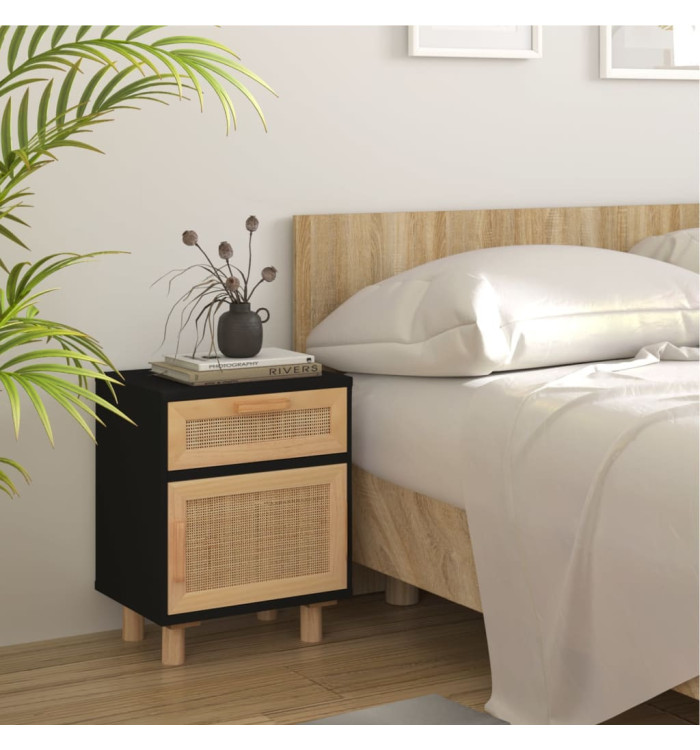 Table de chevet Noir Bois de pin massif et rotin naturel | Mobilier & Déco