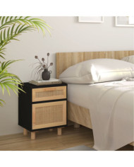 Table de chevet Noir Bois de pin massif et rotin naturel | Mobilier & Déco