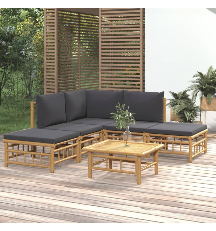 Salon de jardin 6 pcs avec coussins gris foncé bambou | Mobilier & Déco