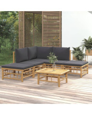 Salon de jardin 6 pcs avec coussins gris foncé bambou | Mobilier & Déco