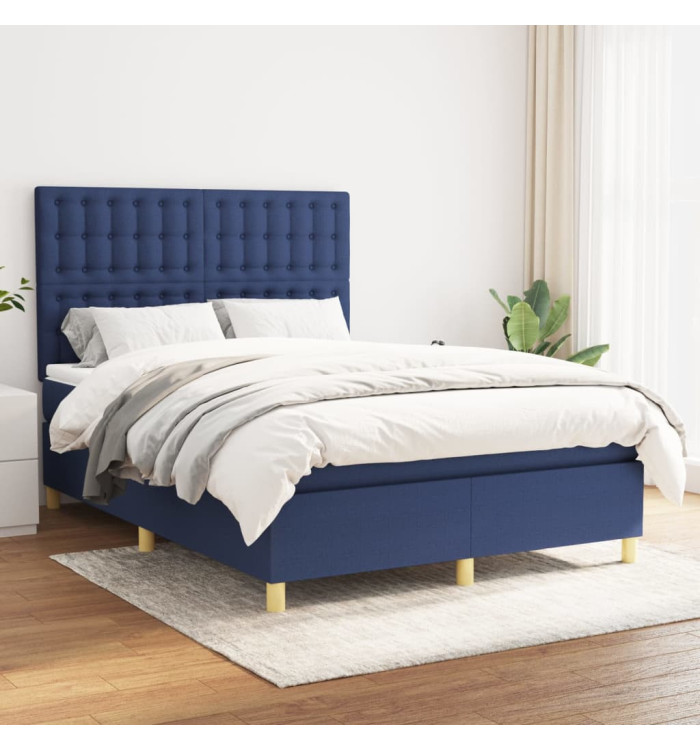 Sommier à lattes de lit avec matelas Bleu 140x190 cm Tissu | Mobilier & Déco