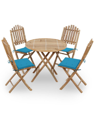 Mobilier à dîner d'extérieur pliable 5 pcs avec coussins bambou | Mobilier & Déco