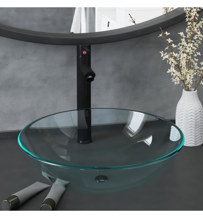 Lavabo de bain avec robinet et drain à poussoir Verre trempé | Mobilier & Déco
