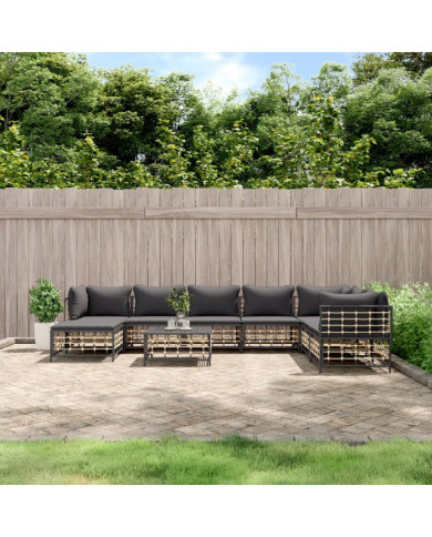 Salon de jardin 9 pcs avec coussins anthracite résine tressée | Mobilier & Déco