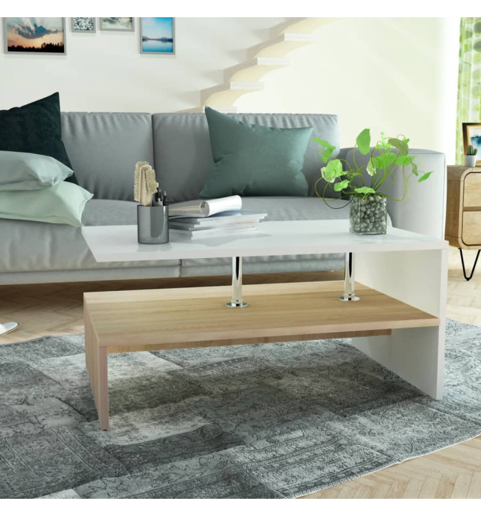 Table basse Bois d'ingénierie 90x59x42 cm Chêne et blanc | Mobilier & Déco